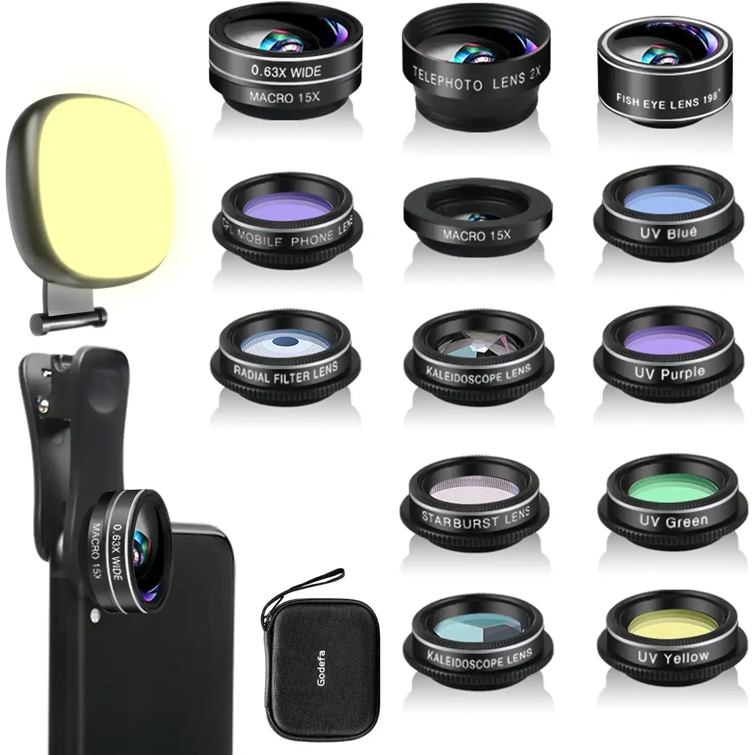Godefa Phone Camera Lens Kit, 14 in 1 Lenses with Selfie Light for - 1